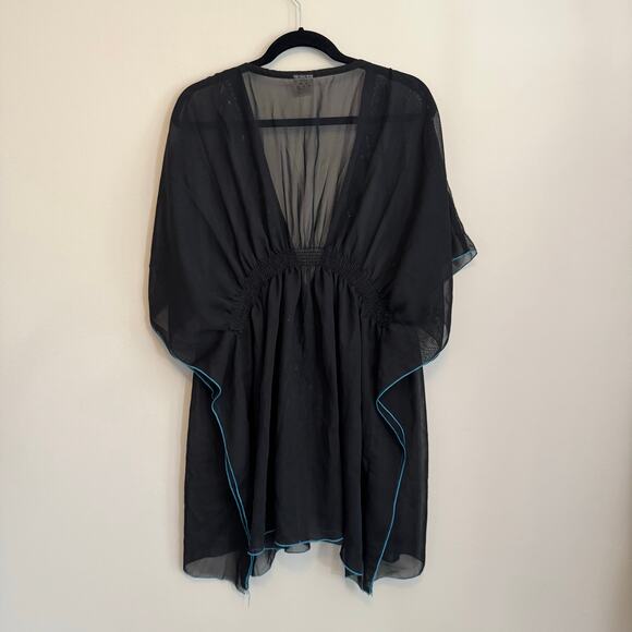 La La LeeLa Kaftan Cover Up Swimwear Dress OS Black Blue Teardrop Embroidered - Picture 2 of 8